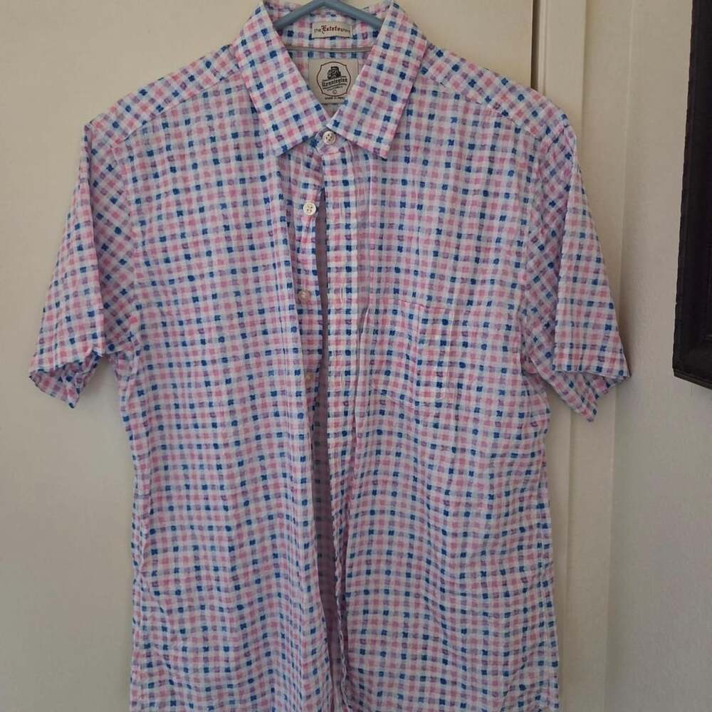 Kennington The Estate Shirt Short Sleeve Button Up L Pink Blue Checkered